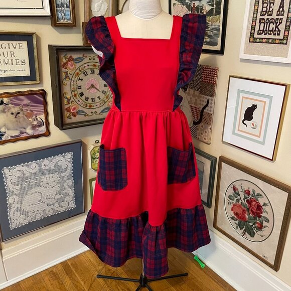 70s Vintage Red & Blue Plaid Polyester Ruffled Pinafore Apron Dress With Pockets - Picture 1 of 3